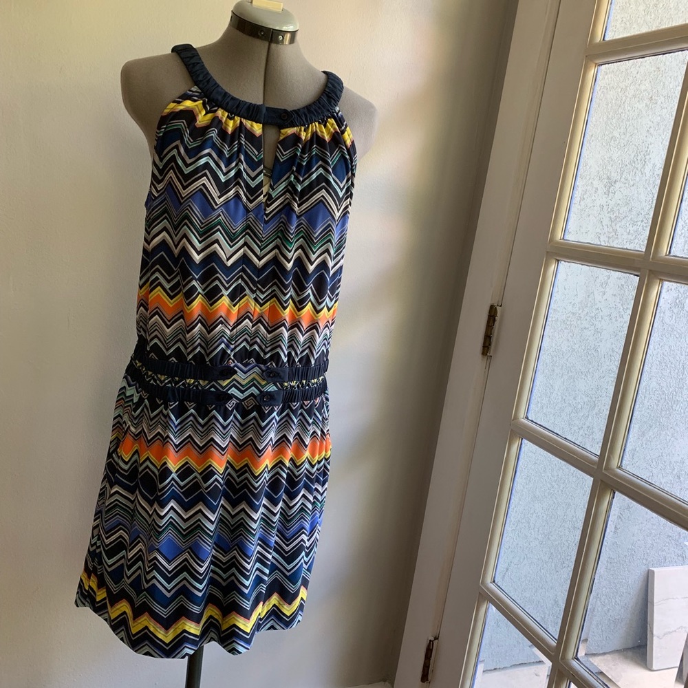 BCBG MaxAzria chevron belted dress, Sz L, pockets!